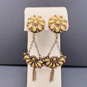 Vintage Joan Rivers Chandelier Enamel Dangle Pierced Earrings Art Deco Green